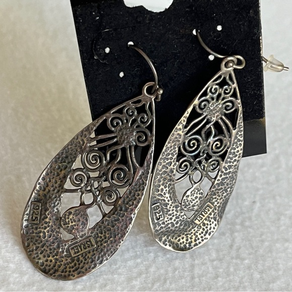 Sterling silver 925 with Opals drop fish hook earrings scroll + hammered details - Picture 4 of 10